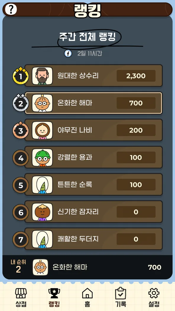 호두 주간 랭킹 화면